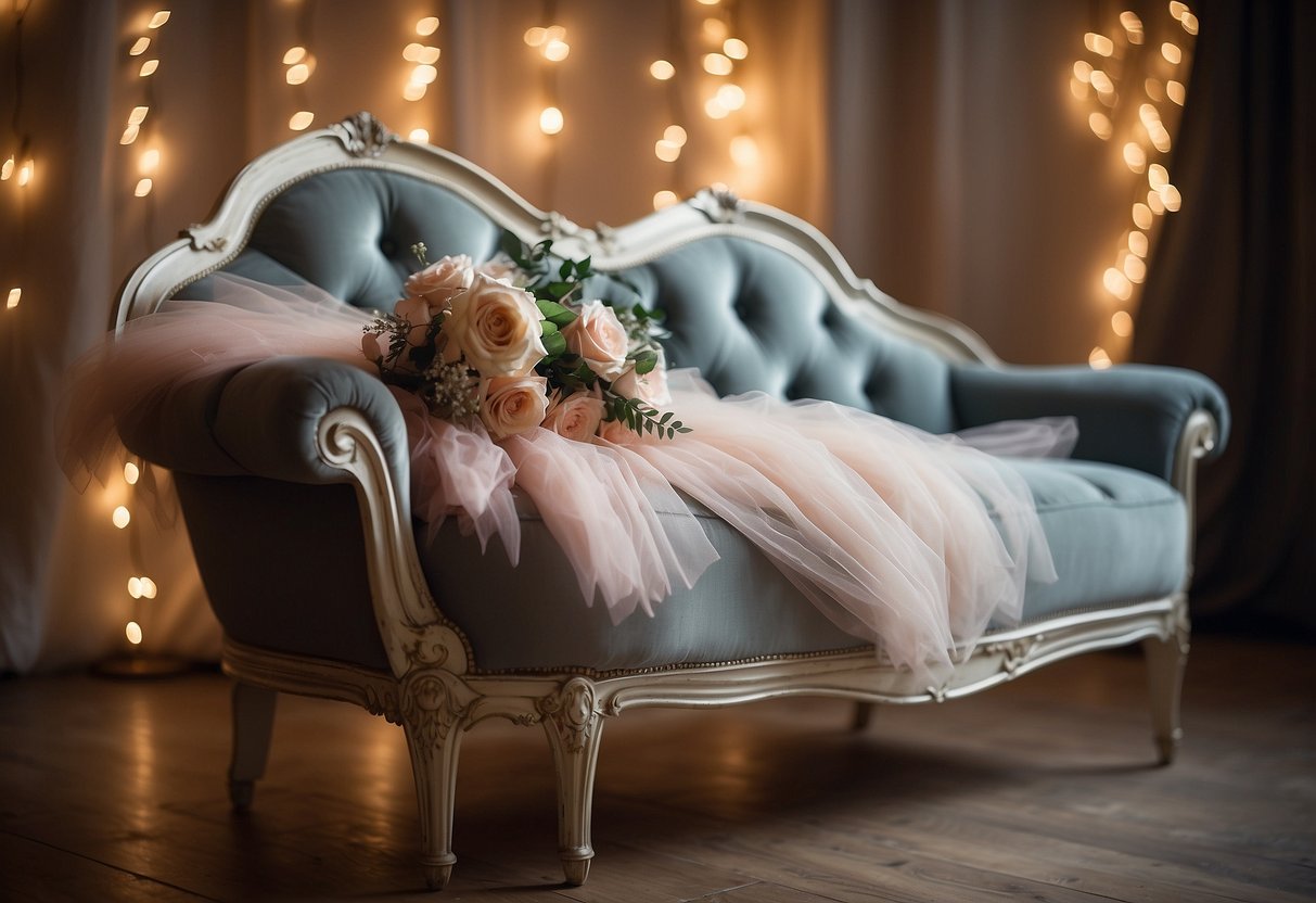 A whimsical tulle fairytale gown draped over a vintage chaise lounge, surrounded by twinkling fairy lights and delicate floral arrangements