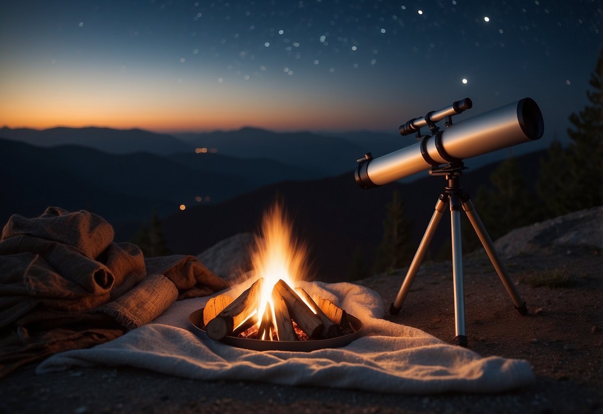 A telescope pointed towards the stars on a clear night, with a cozy blanket spread out on the ground and a small campfire flickering nearby