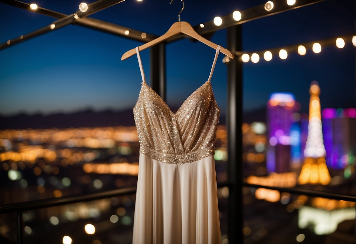 A simple, elegant slip dress hangs on a hanger against a backdrop of twinkling city lights, capturing the essence of a minimalist Vegas wedding