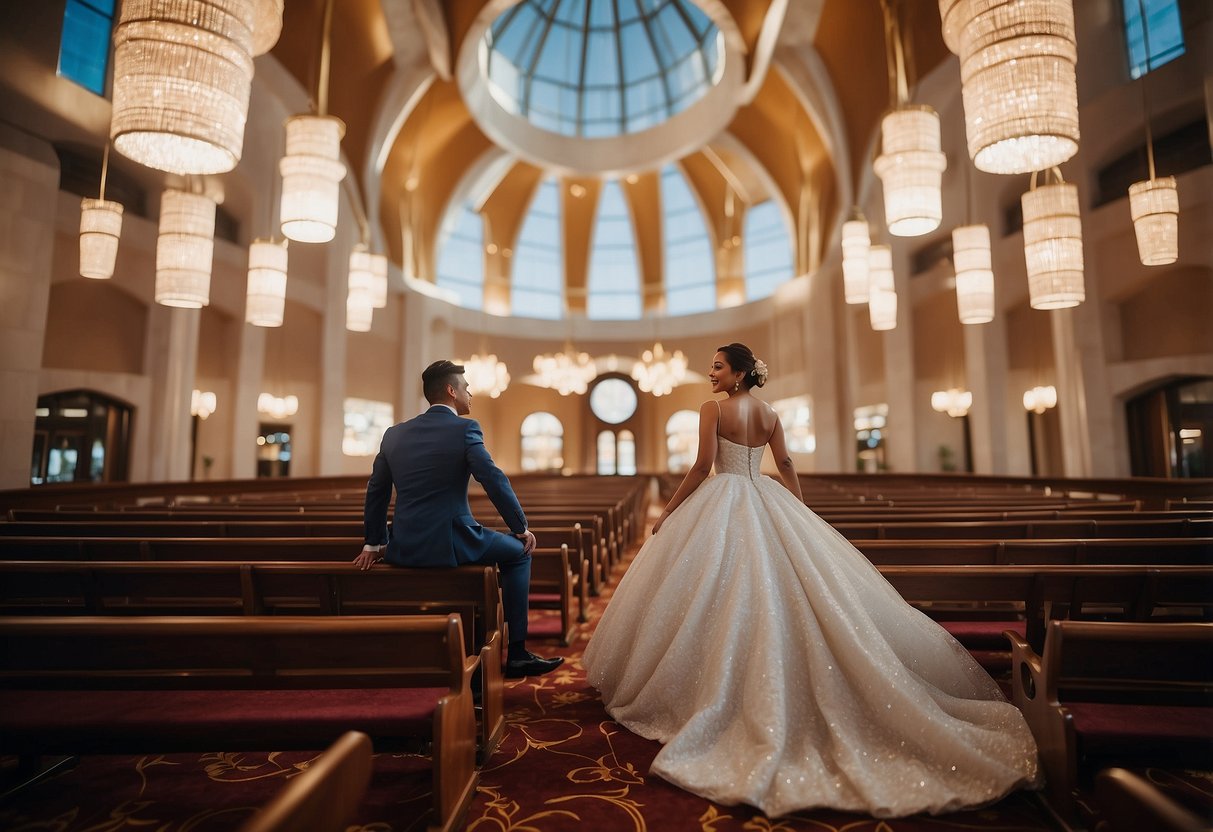 A modern two-piece ensemble with sleek lines and a touch of sparkle, set against the backdrop of a lively Las Vegas wedding chapel