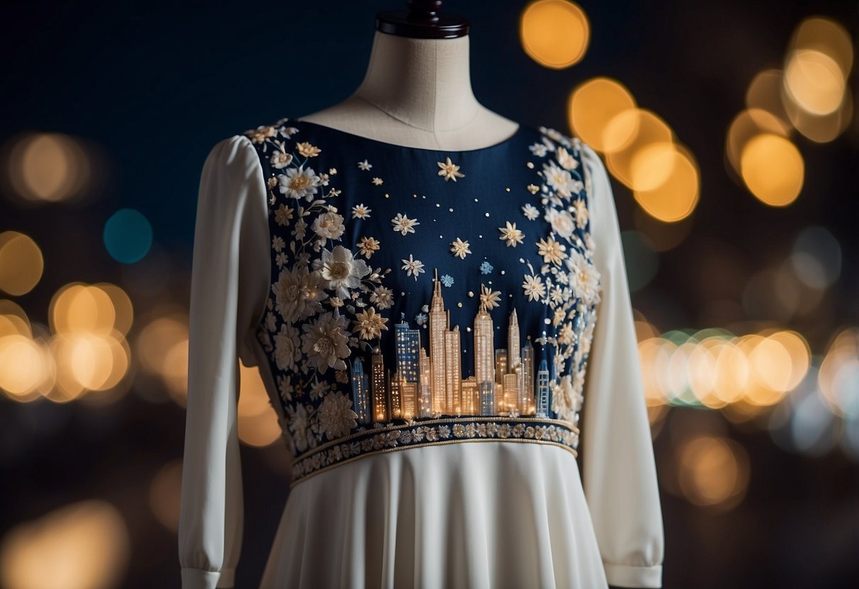 A white A-line dress with intricate floral embroidery, set against a backdrop of twinkling city lights and a starry night sky