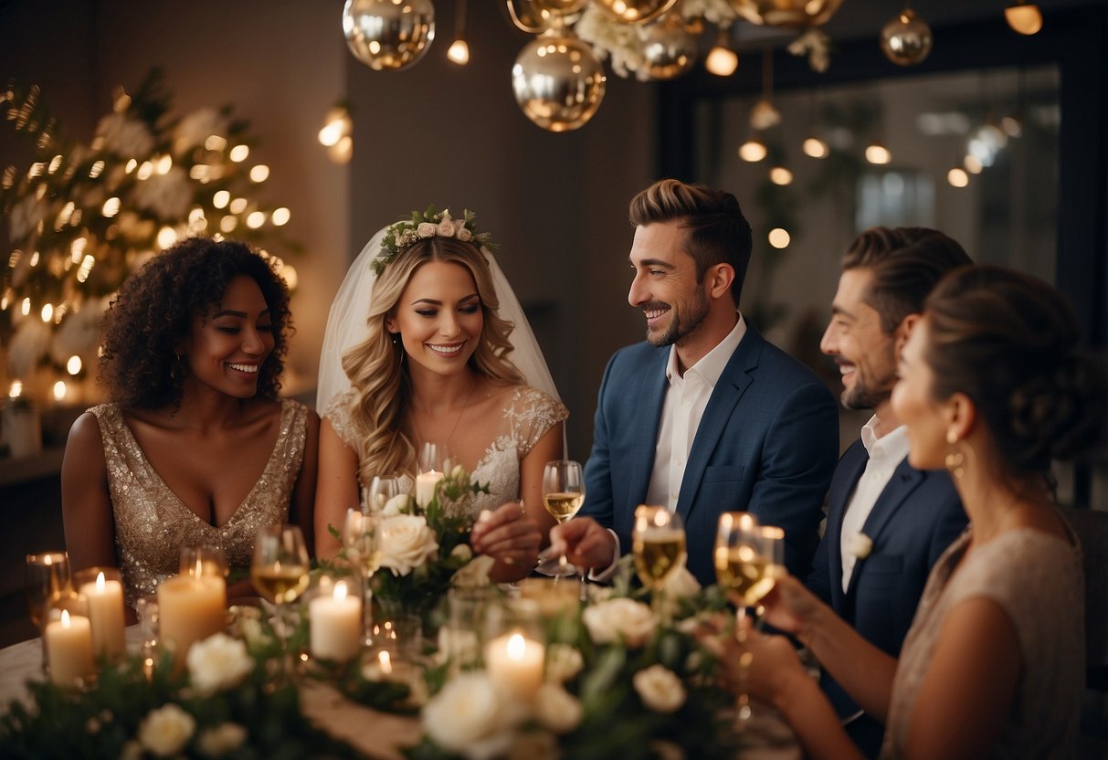 A group of friends gather on a virtual call, sharing gifts and well-wishes for the bride-to-be. Decorations, flowers, and champagne set the festive mood