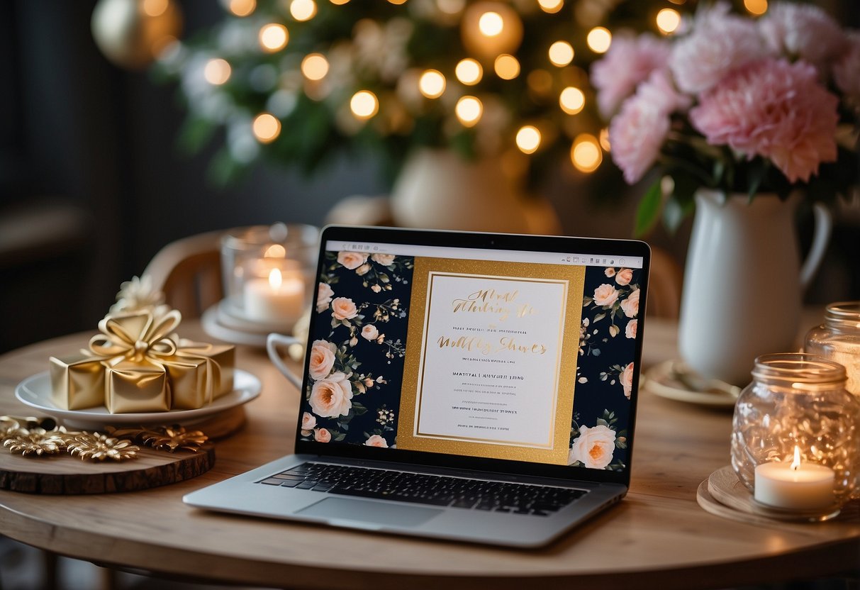 A laptop displaying a virtual wedding shower invitation with personalized details, surrounded by festive decorations and virtual party favors