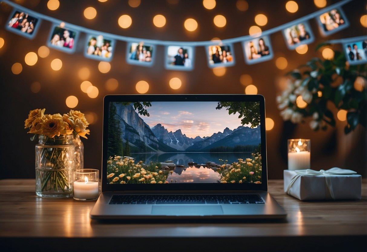 A laptop displaying personalized video messages, surrounded by virtual wedding shower decor