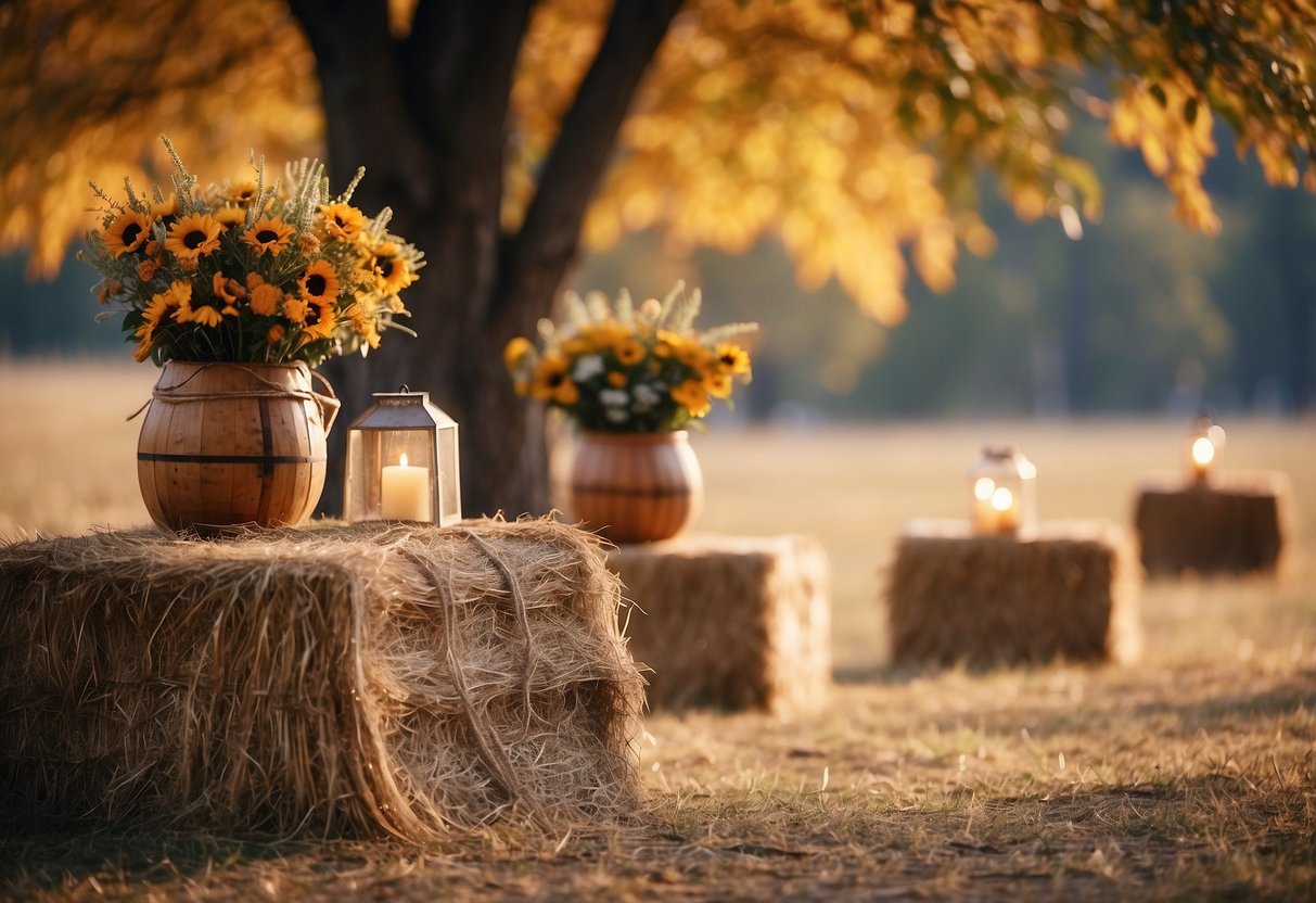 A rustic outdoor setting with hay bales, string lights, and autumn foliage. A budget-friendly DIY altar made of recycled wood and wildflowers