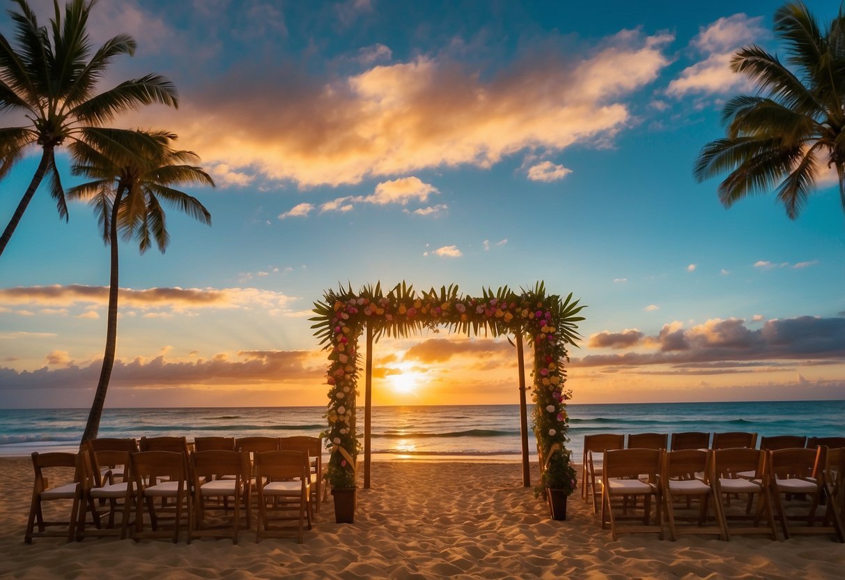 A sunset beach ceremony with palm trees, ocean waves, and a floral archway, set against a backdrop of a colorful Hawaiian sky