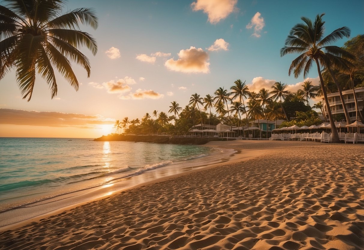 Waikiki Beach: golden sands, turquoise waters, palm trees, and a stunning sunset. Ideal for a Hawaii wedding illustration