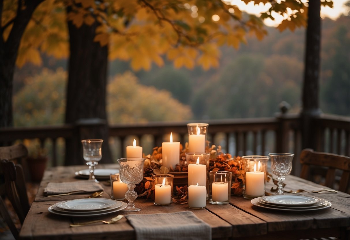 A rustic outdoor table set with mismatched vintage china, surrounded by fall foliage and flickering candles