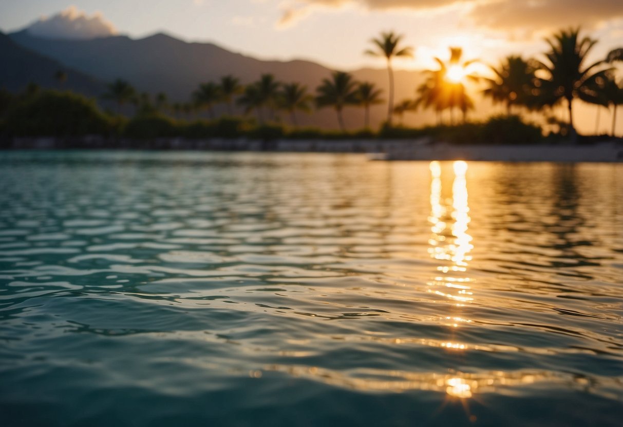 The sun sets over the tranquil Ko Olina Lagoons, casting a warm glow on the pristine white sand and crystal-clear waters, making it one of the best places to get married in Hawaii