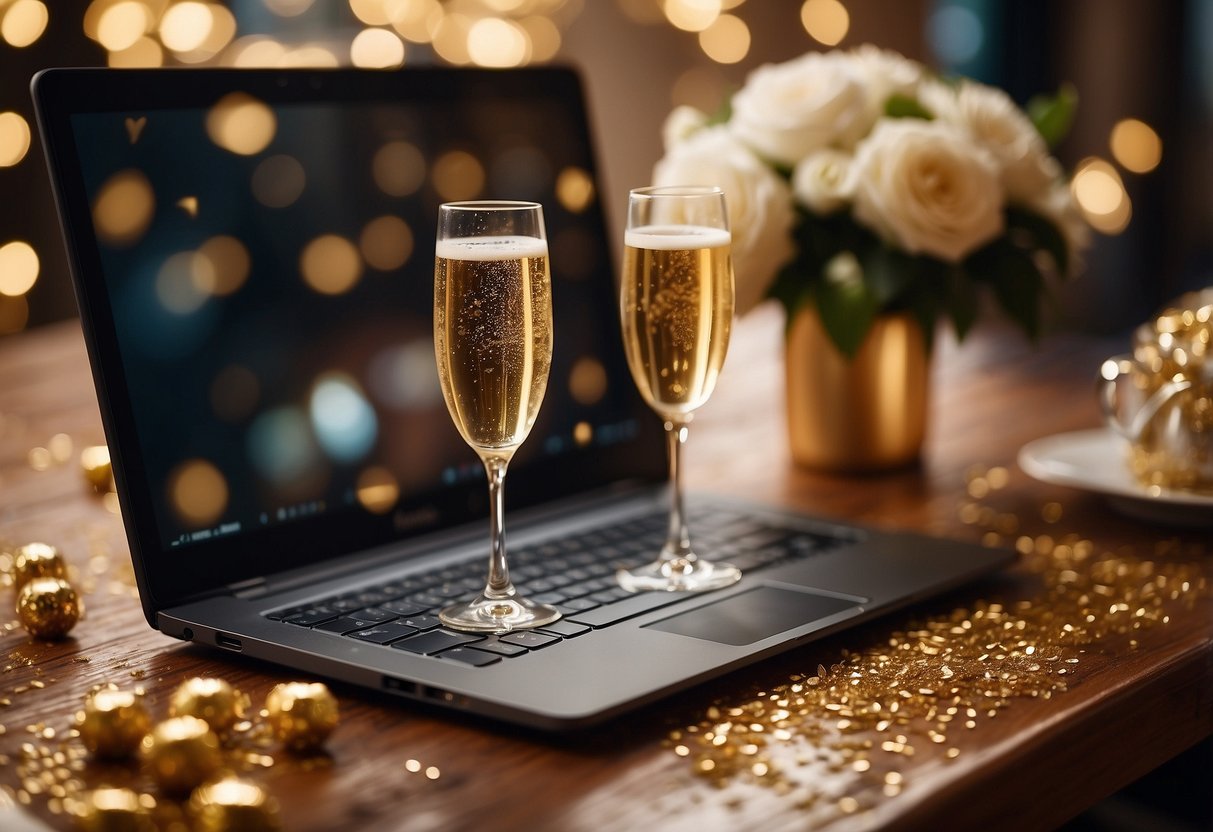 A laptop displaying a virtual wedding shower with champagne glasses, confetti, and a decorative backdrop