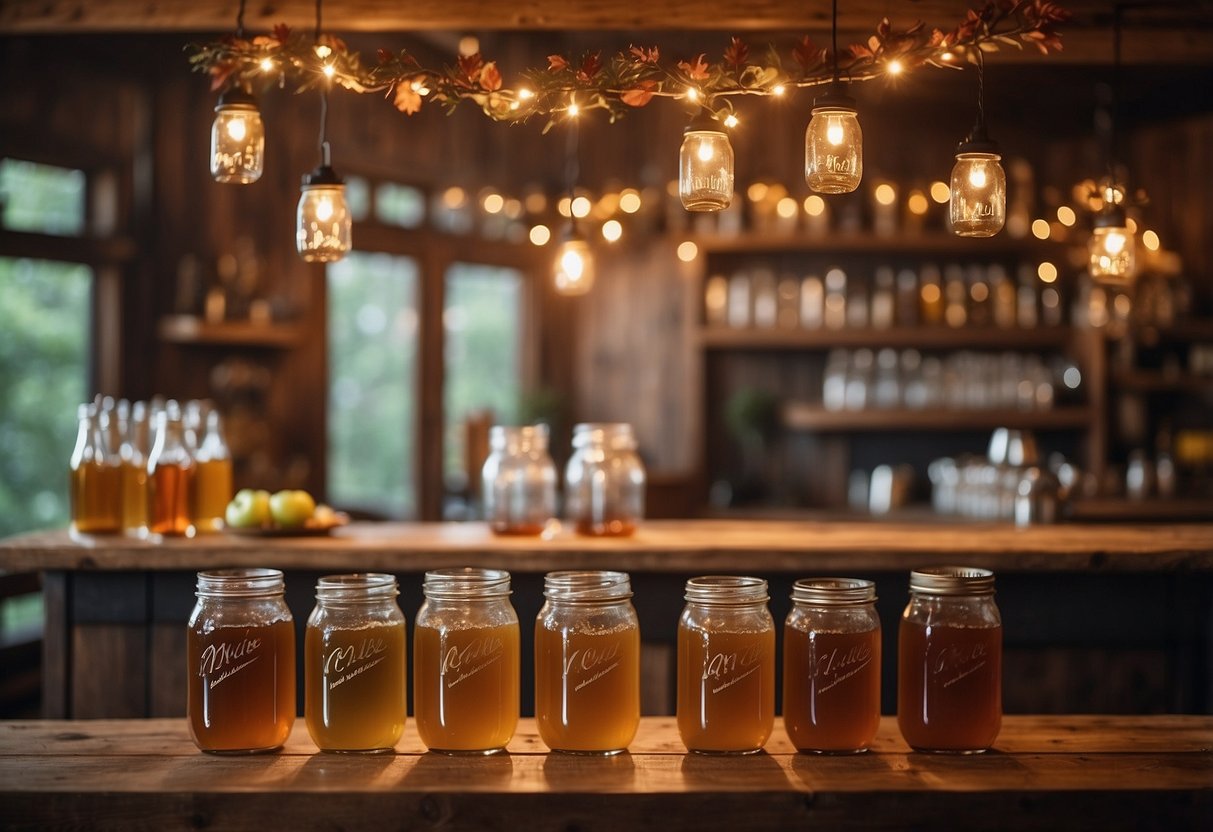 A rustic wooden bar adorned with mason jars filled with homemade apple cider. Fall foliage and twinkling lights create a cozy ambiance