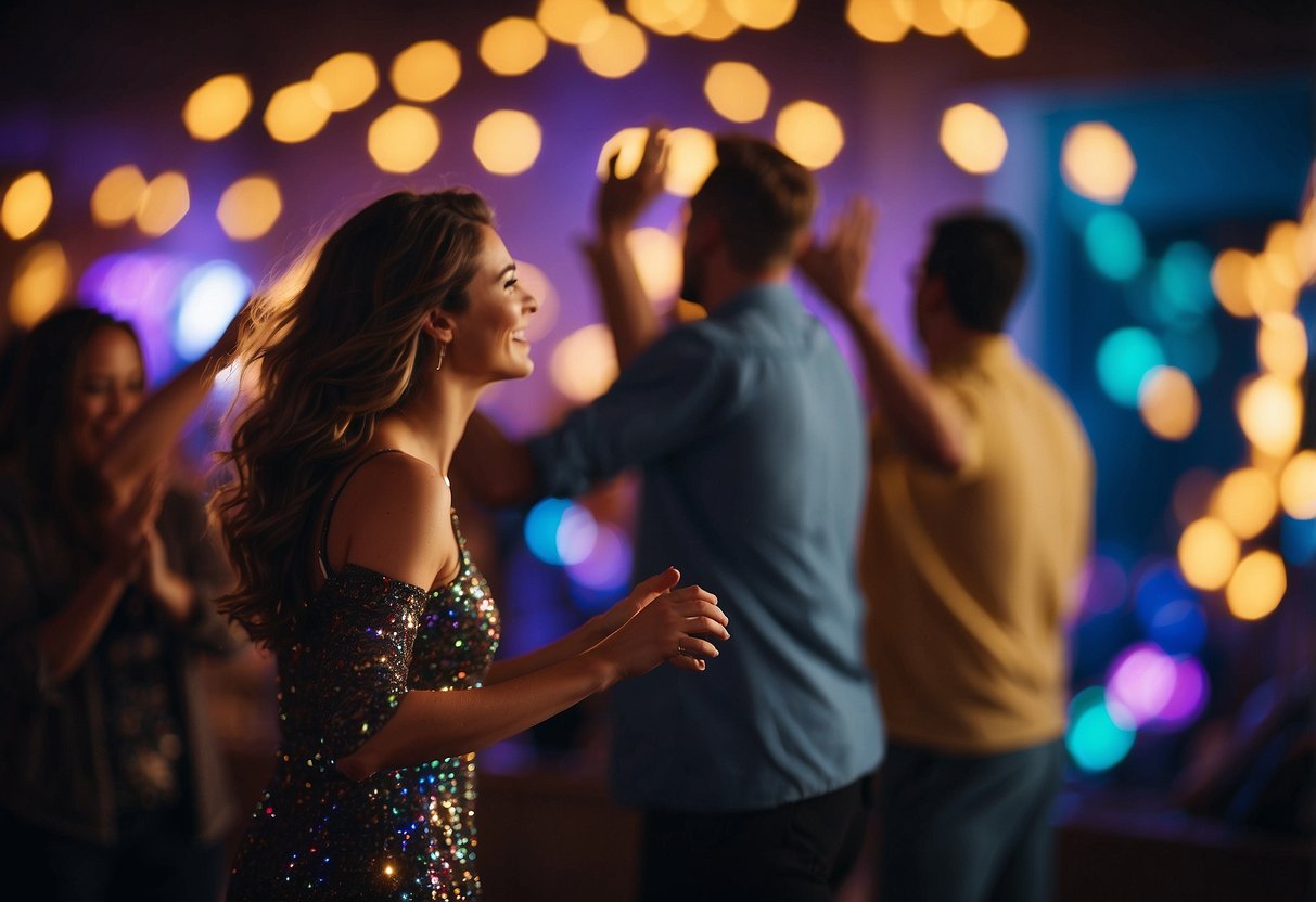 Colorful lights flash as friends dance on screen, celebrating a virtual wedding shower. Music fills the air, creating a joyful atmosphere