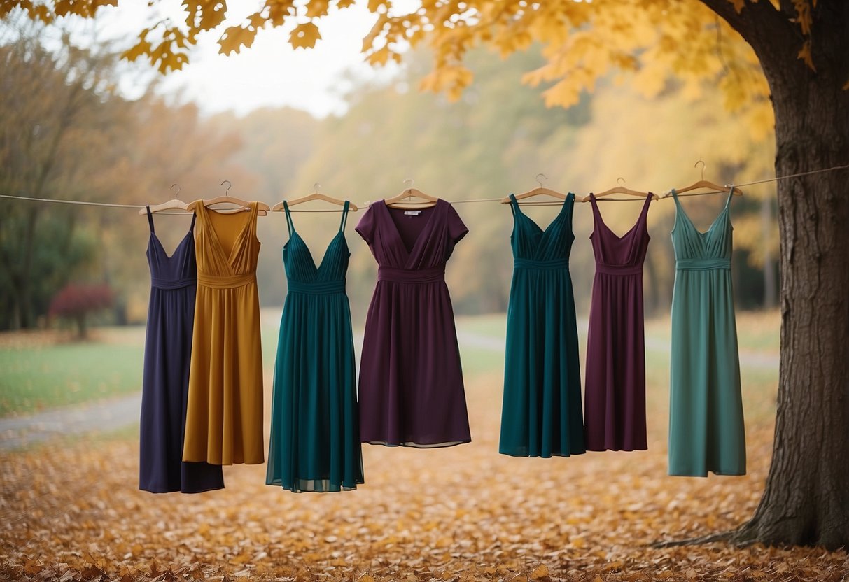 A group of colorful bridesmaid dresses hanging on a clothesline in a rustic outdoor setting with autumn leaves scattered on the ground