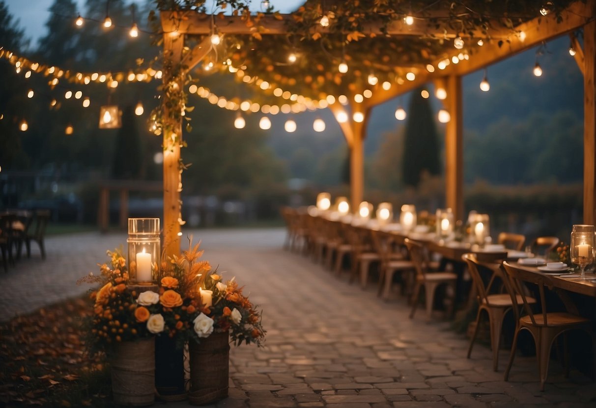 A quaint outdoor wedding with autumn leaves, rustic decor, and twinkling fairy lights. A cozy atmosphere with a touch of elegance