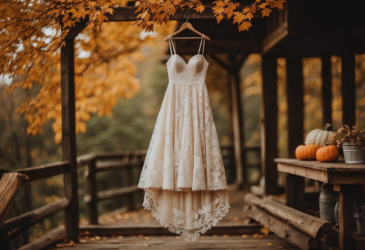 A lace wedding dress hangs on a rustic wooden hanger, surrounded by autumn leaves and vintage decor. A warm color palette and cozy atmosphere evoke a budget-friendly fall wedding