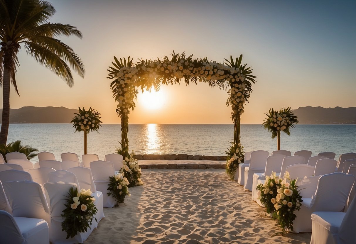 A serene beach with palm trees and a beautiful sunset in the background, with a floral arch and white chairs set up for a wedding ceremony