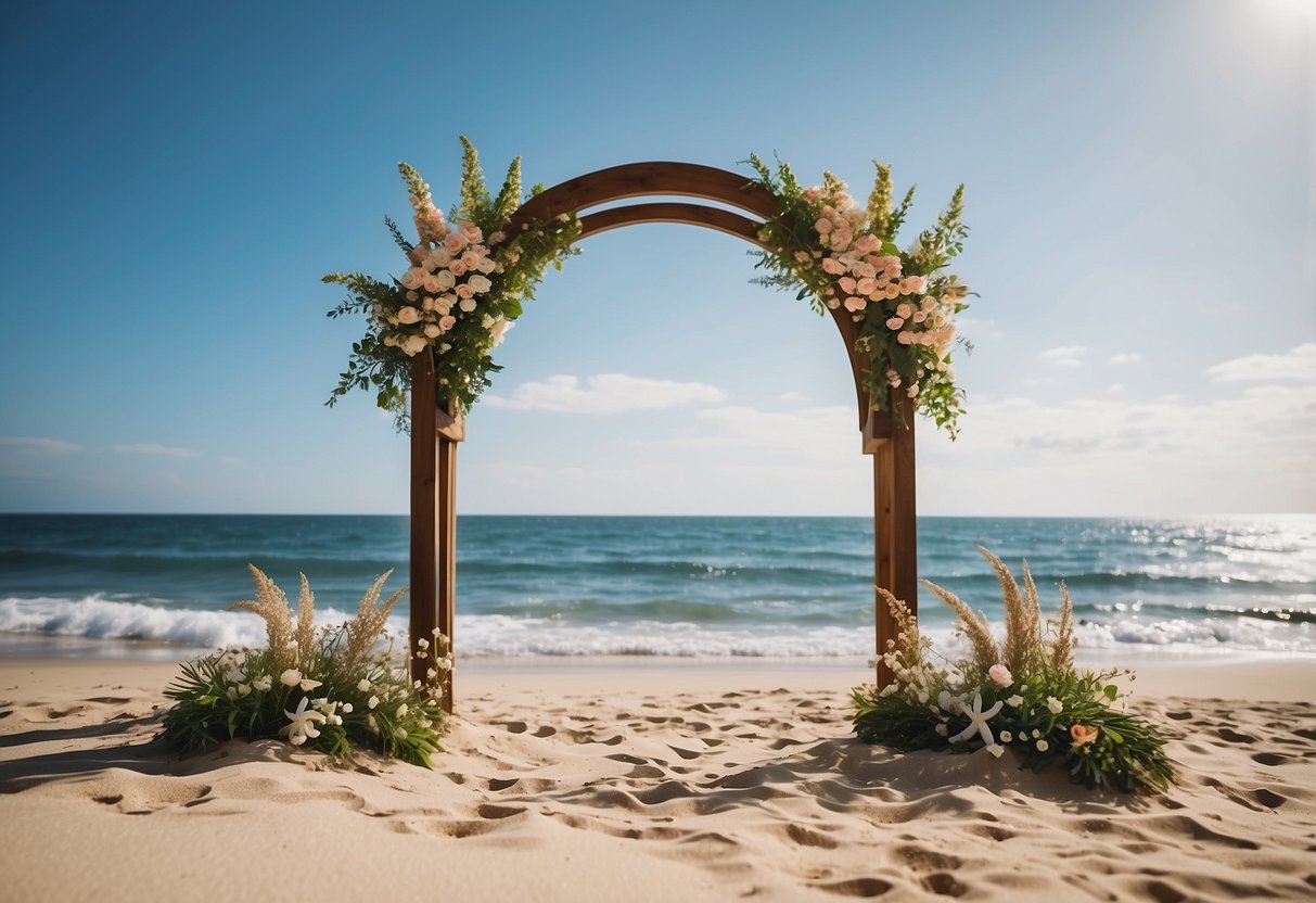 A sandy beach with a gentle ocean breeze, a simple wooden arch adorned with flowers, and a backdrop of clear blue skies and rolling waves