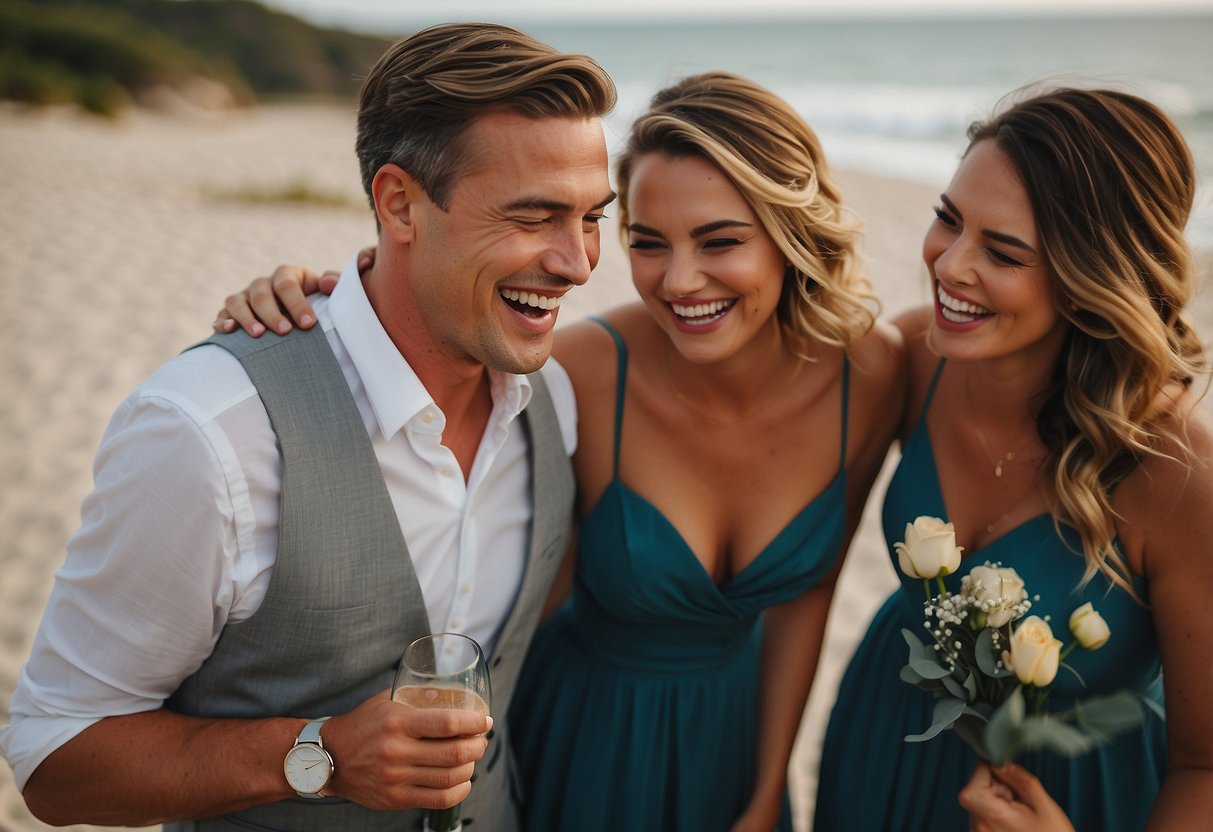 A group of bridesmaids and groomsmen laugh together on a sandy beach, with the ocean in the background