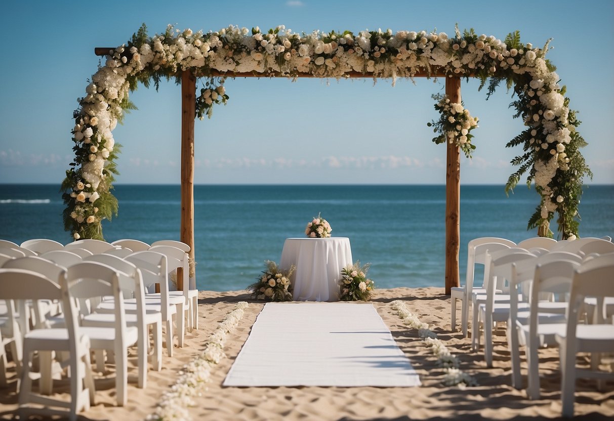 A beach wedding with white chairs, a floral arch, and an ocean backdrop