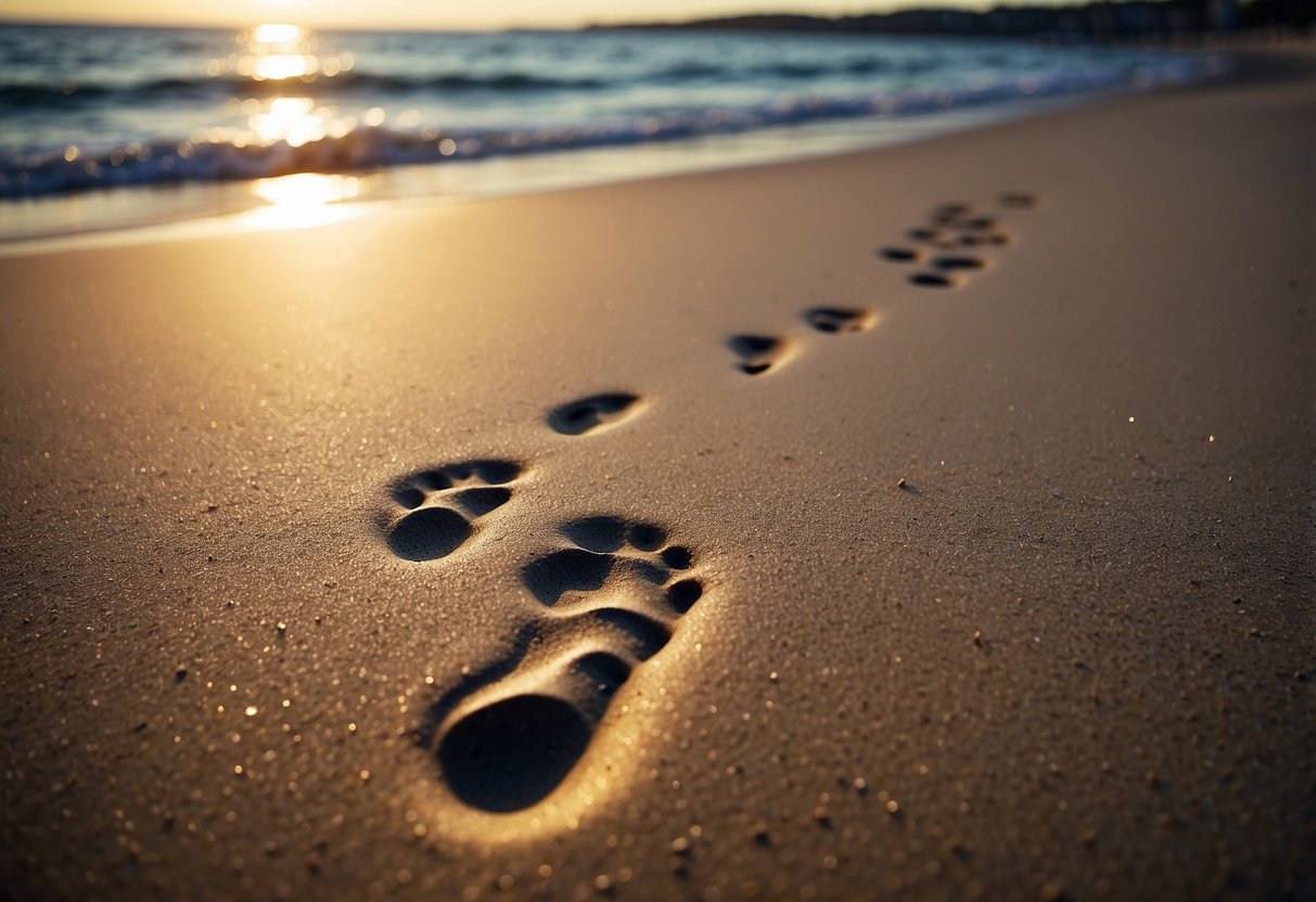 A pair of footprints lead towards the water's edge on a sandy beach, with the gentle waves lapping at the shore in the background