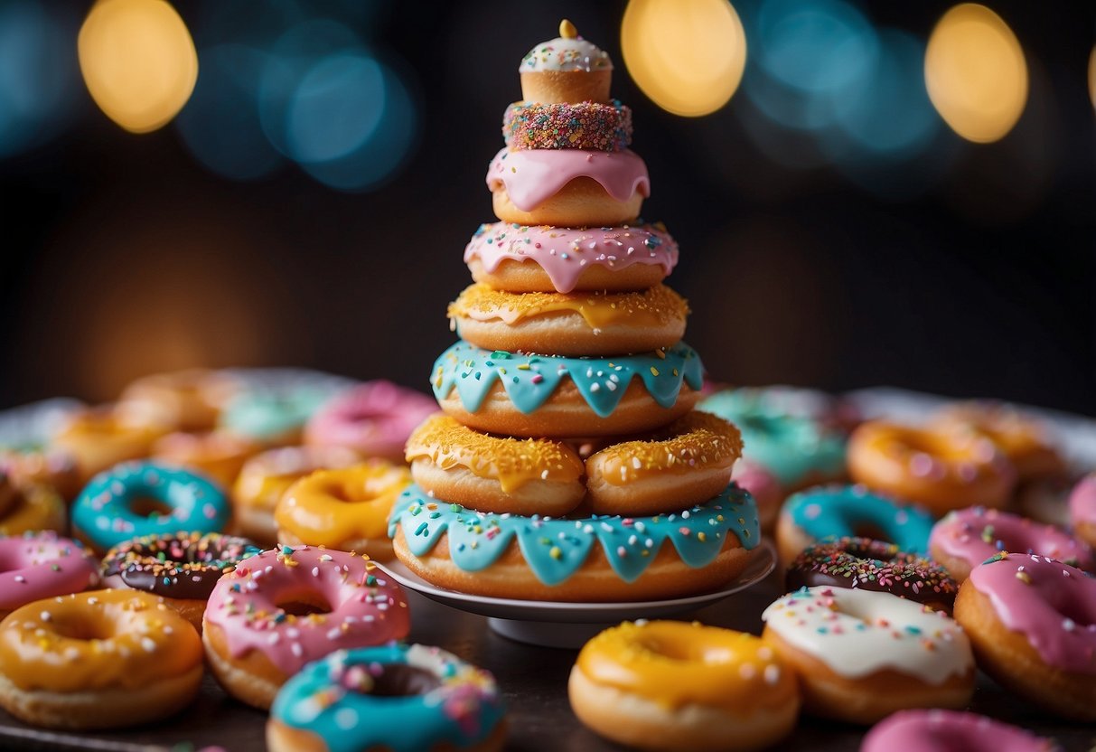 A tower of donuts arranged like a wedding cake, with colorful frosting and sprinkles, topped with a miniature bride and groom figurine