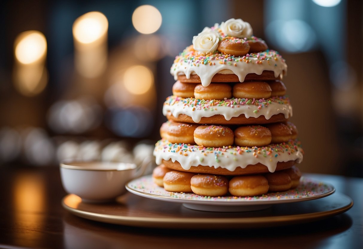 A towering wedding cake made of classic glazed donuts, stacked in layers with cascading icing and sprinkles