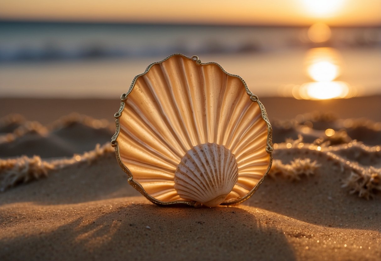 A seashell ring holder sits on a sandy beach, with gentle waves in the background and a soft, golden sunset illuminating the scene