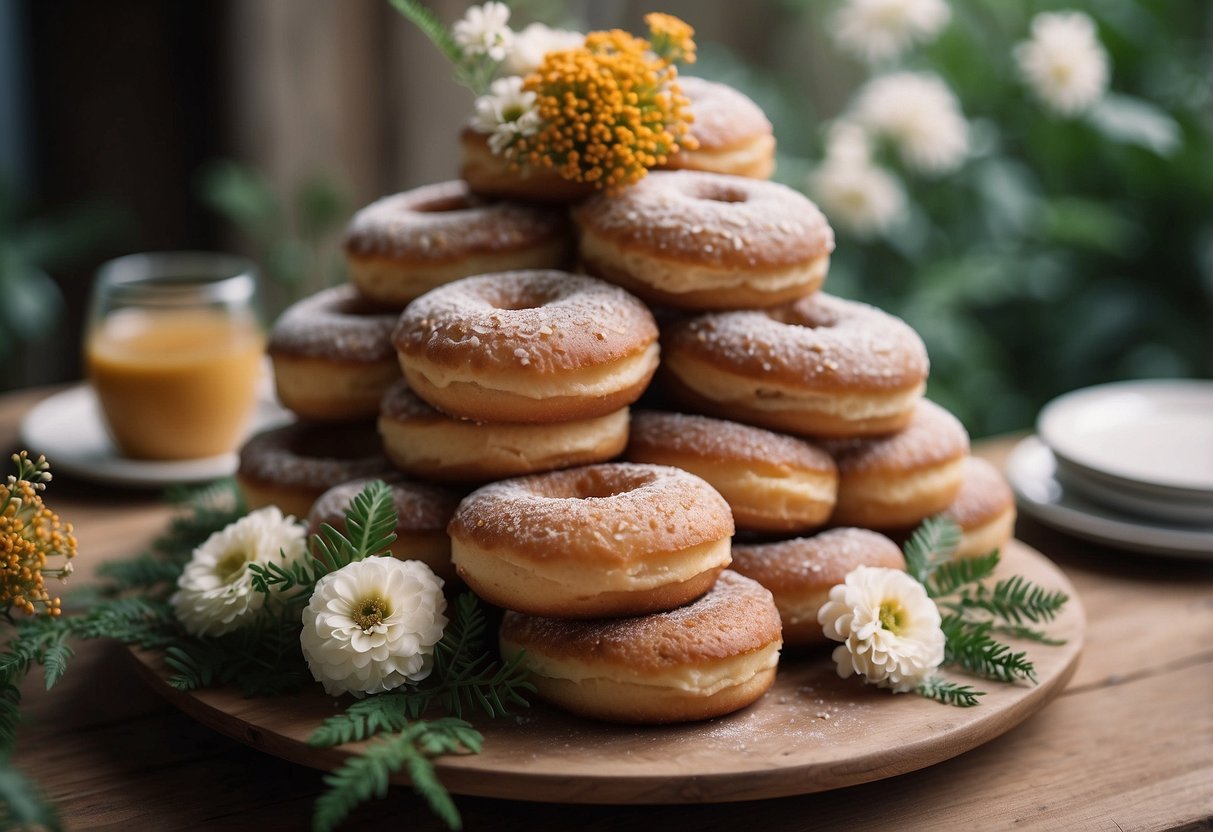 A towering stack of rustic cinnamon sugar donuts, adorned with delicate flowers and greenery, creating a unique and whimsical wedding cake idea