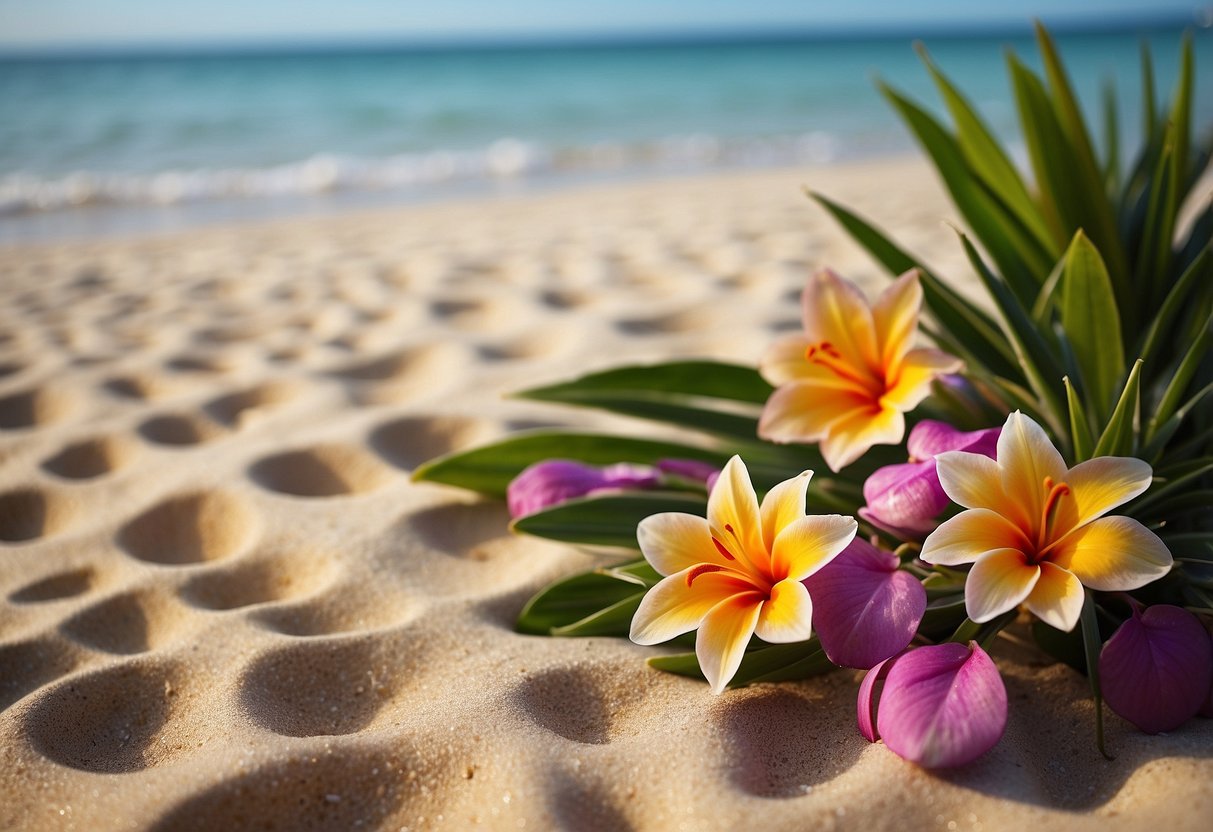 A sandy beach with colorful tropical flowers scattered around, creating a natural and beautiful backdrop for a beach wedding