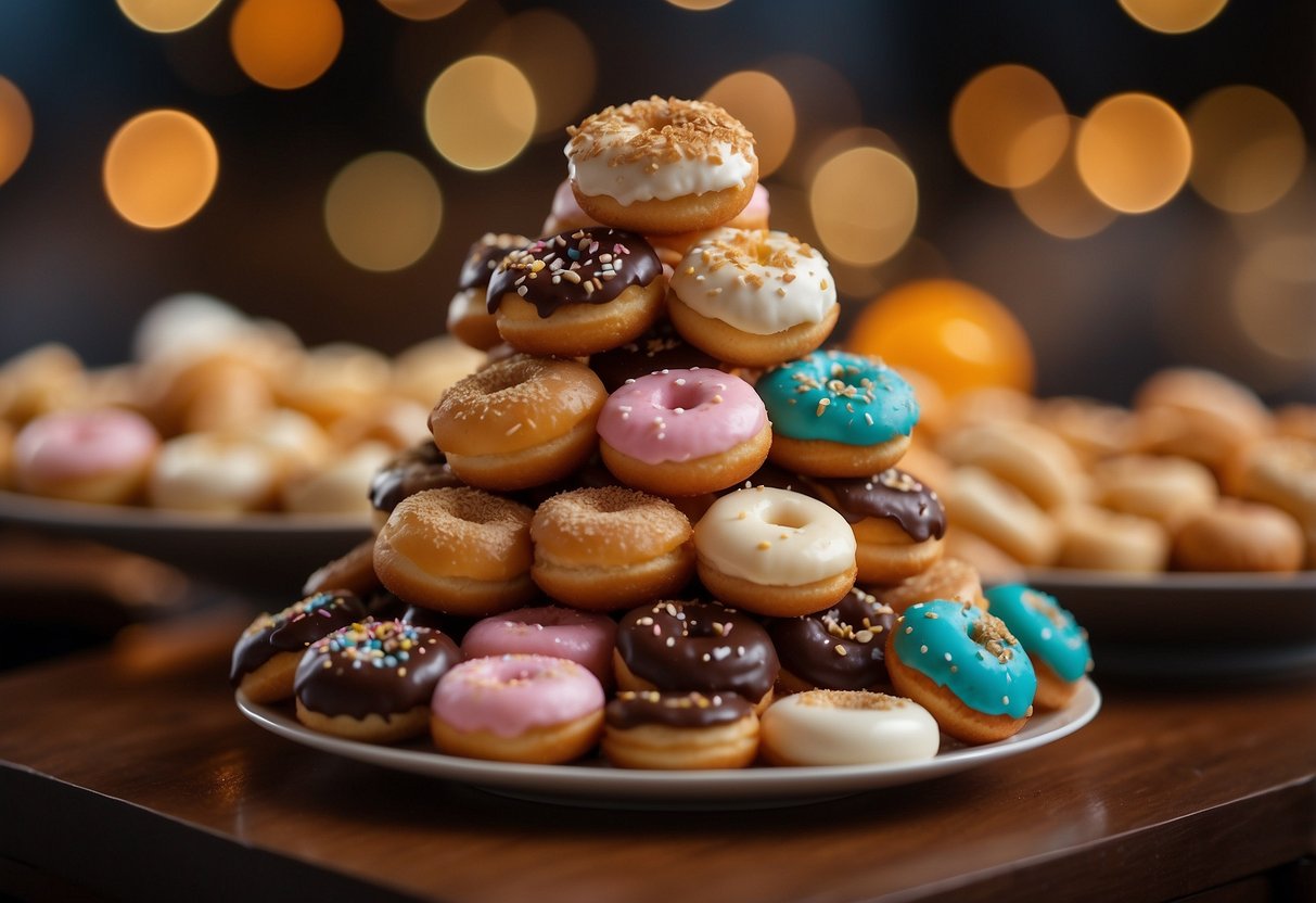 A pyramid of assorted mini donuts arranged like a wedding cake