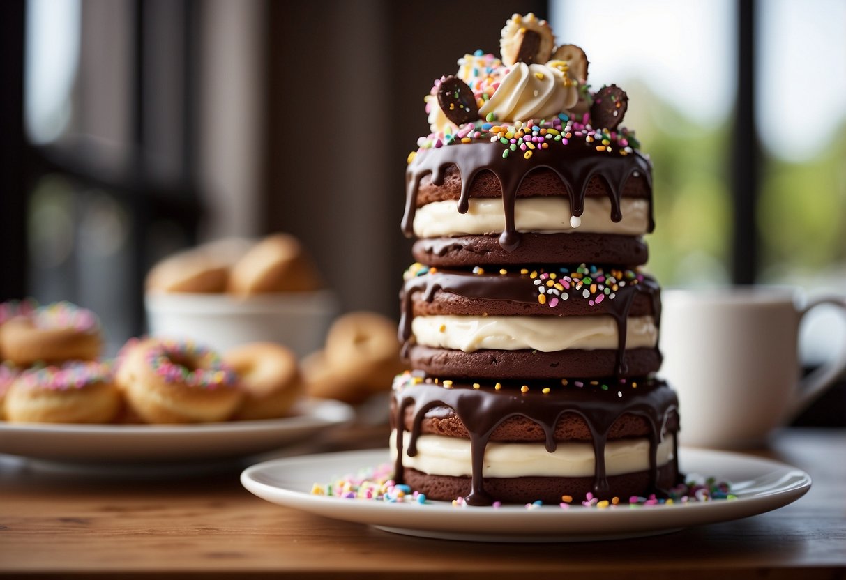 A towering wedding cake made of chocolate-dipped donuts, stacked in layers with drizzles of glaze and sprinkles