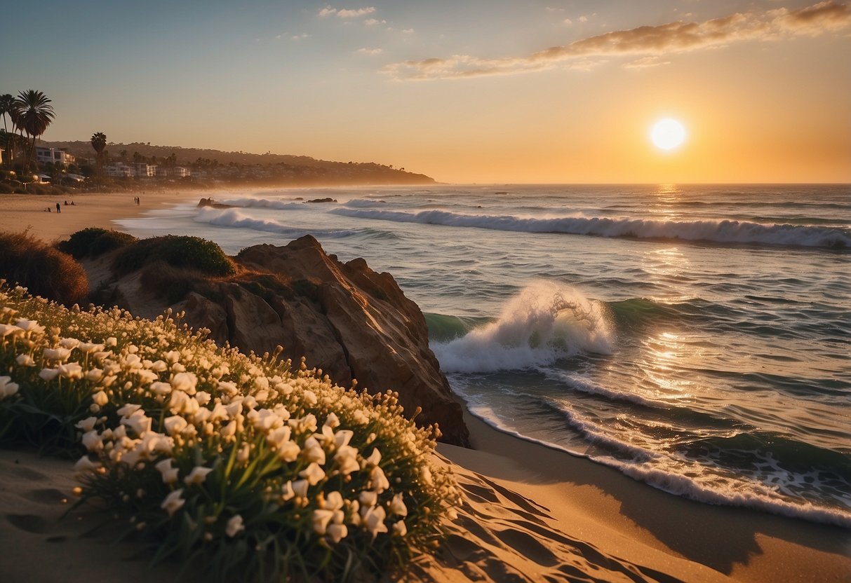 Sunset over Laguna Beach, waves crashing on golden sand, with a picturesque wedding set-up