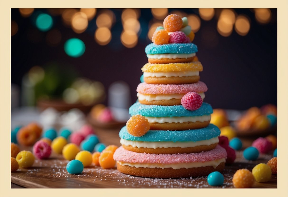 A towering wedding cake made of cascading colorful donut holes, arranged in a gradient from top to bottom. Each layer features a different flavor and vibrant icing, creating a playful and whimsical dessert centerpiece