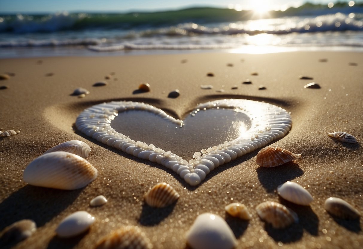 Footprints in the sand lead to a heart with the initials of the bride and groom, surrounded by seashells and a gentle wave washing ashore