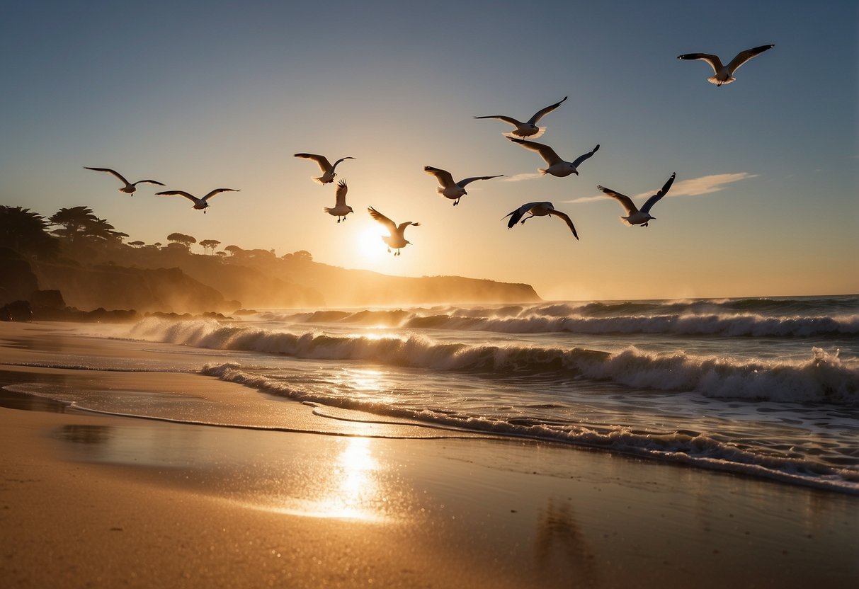 Sunset over Carmel Beach, waves crash on golden sand as seagulls soar above