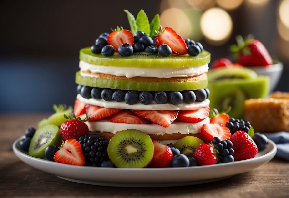 A tiered cake with donut layers, each topped with a variety of fresh fruit like strawberries, blueberries, and kiwi