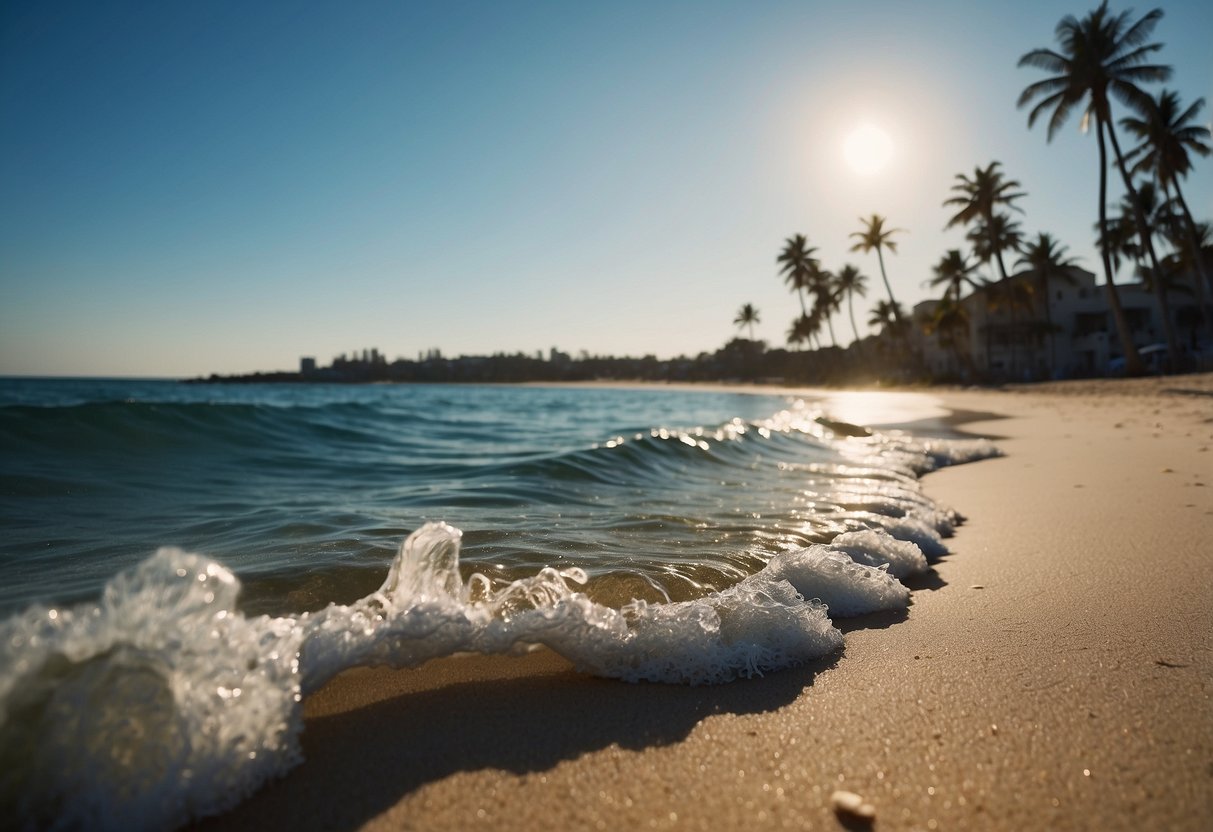 Gentle waves roll onto a sandy shore, framed by a clear blue sky and distant horizon. Palm trees sway in the breeze, creating a serene backdrop for a beach wedding photo