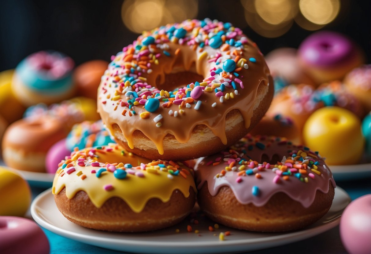 A colorful donut wedding cake explodes with sprinkles, creating a vibrant and playful scene for a celebratory event