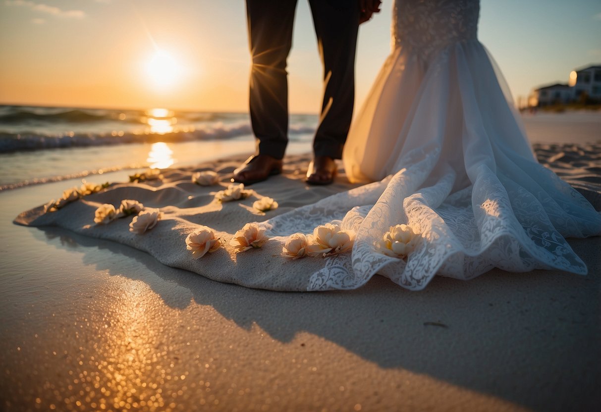 A picturesque beach wedding on South Padre Island, Texas. White sand, clear blue waters, and a beautiful sunset backdrop