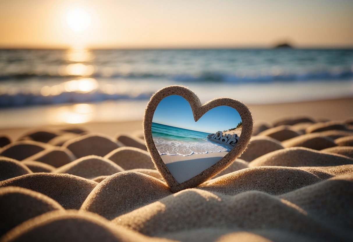 A heart-shaped arrangement of love notes written in the sand with the ocean in the background