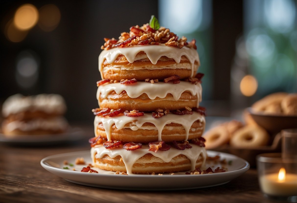 A towering wedding cake made of layers of maple-bacon donuts, drizzled with glaze and topped with bacon bits and maple syrup