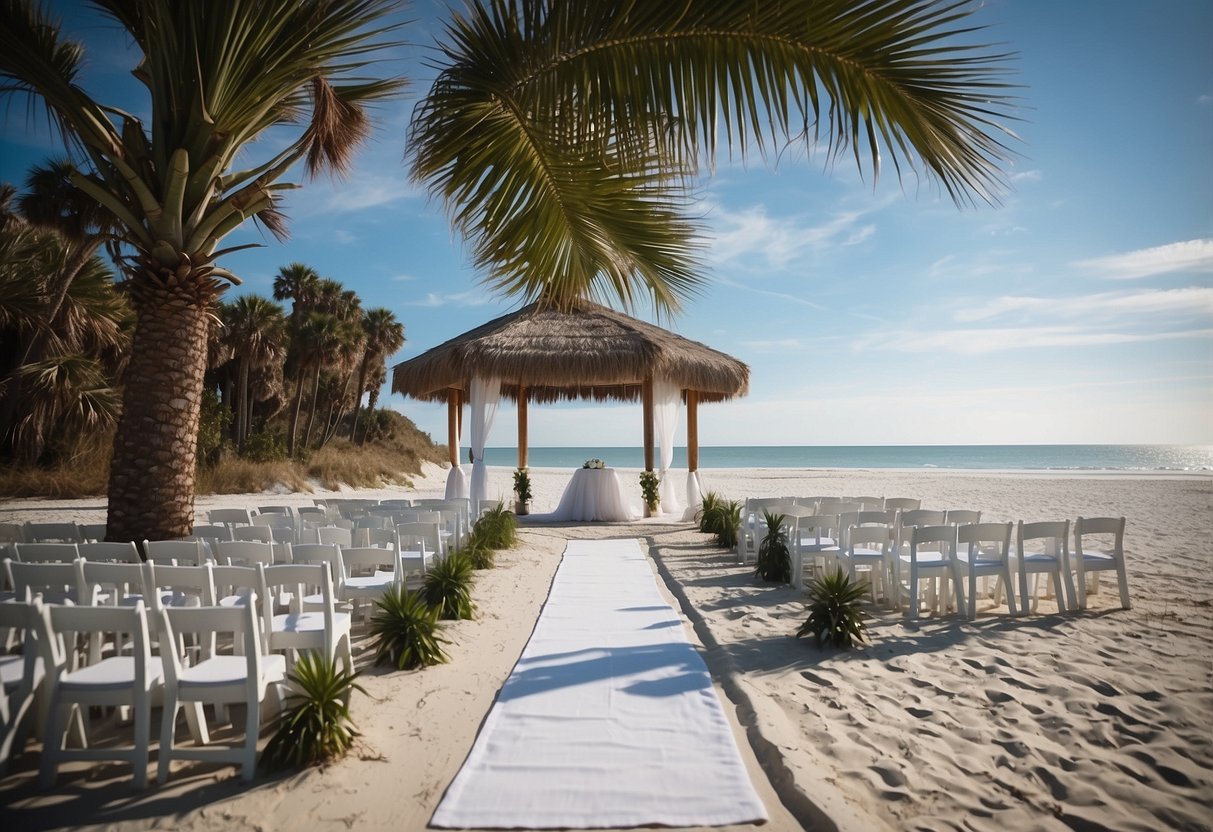 A serene beach wedding at Hilton Head Island, SC, with palm trees, white sand, and a clear blue ocean backdrop