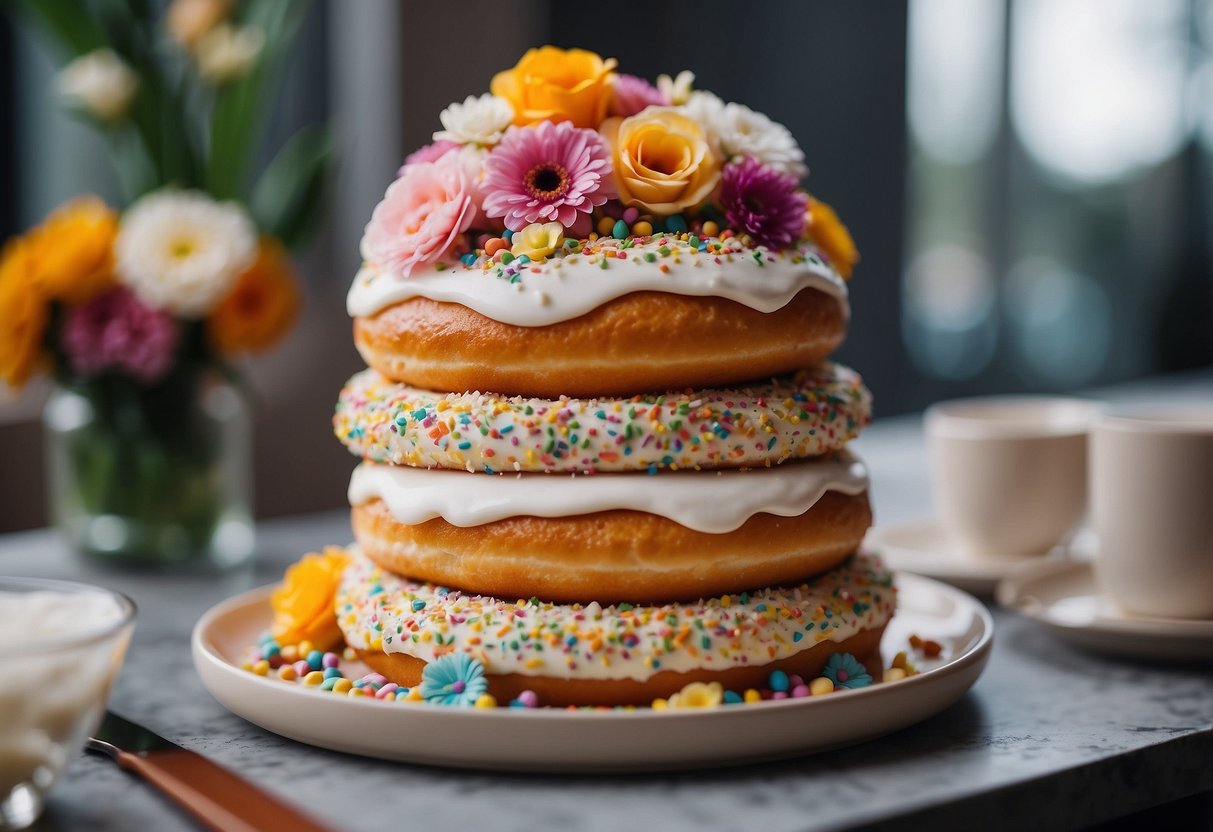 A tiered donut cake adorned with colorful floral accents