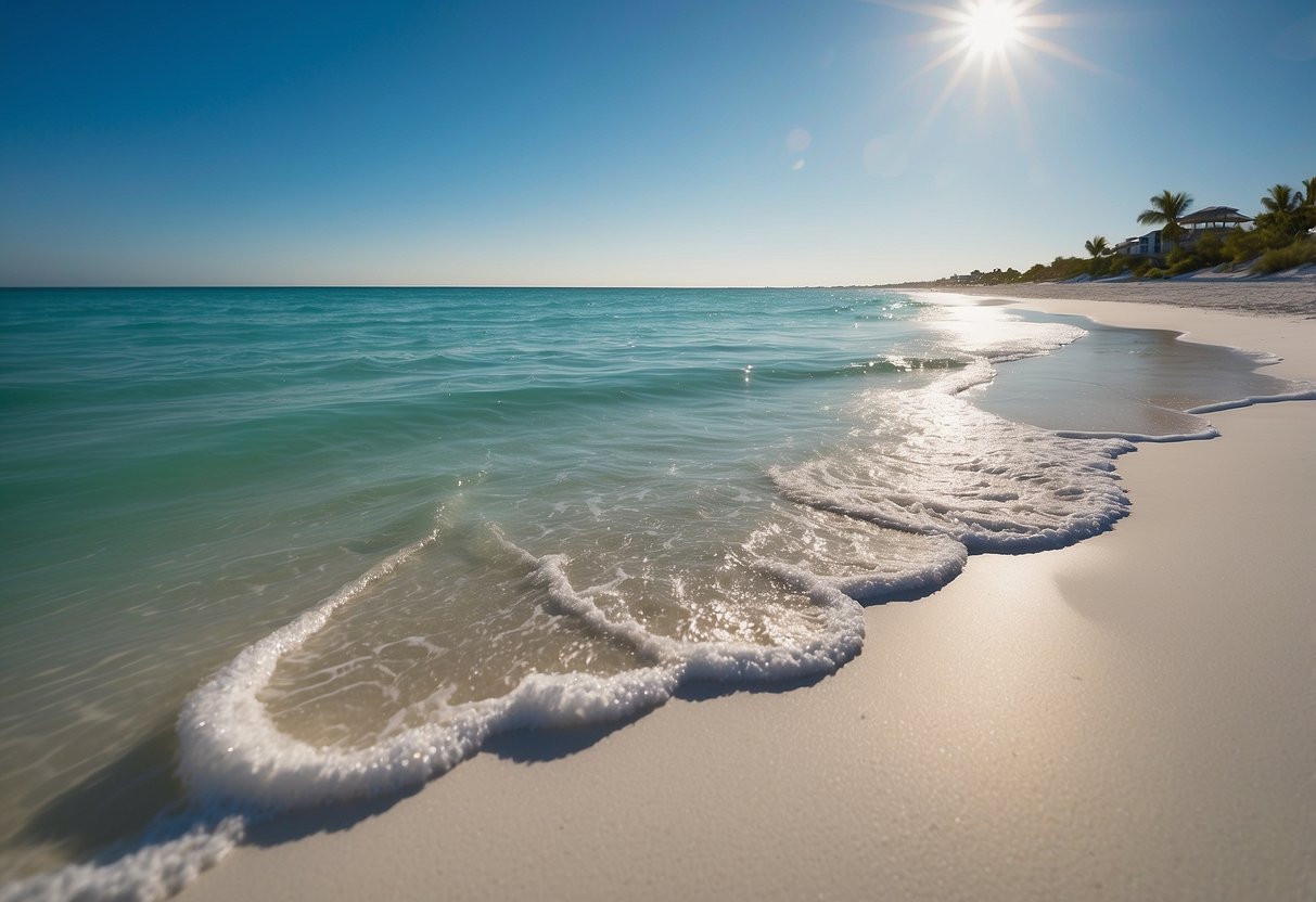 A pristine stretch of white sand meets the turquoise waters of the Gulf of Mexico under a clear blue sky at Naples Beach, Florida