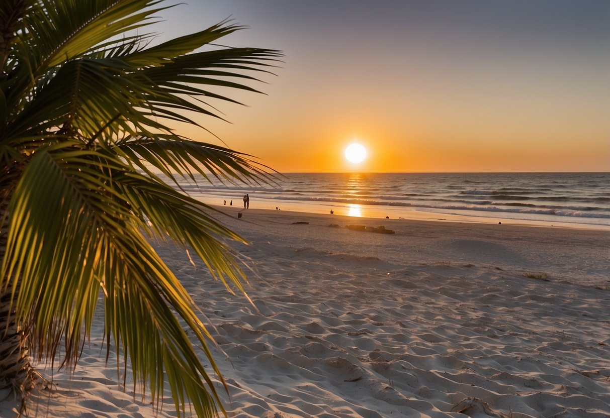 Sunset over Tybee Island beach, with a wedding set-up and palm trees in the background