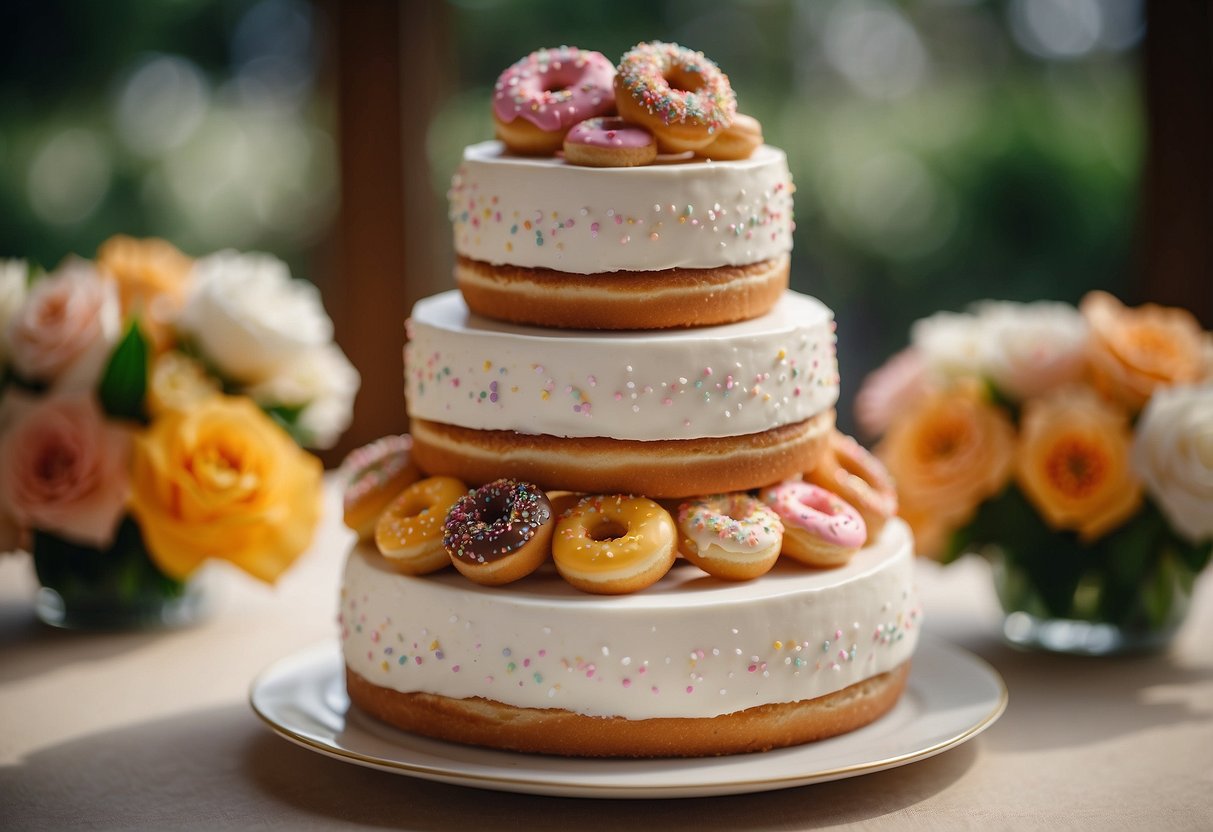 A tiered wedding cake made of donuts, decorated with colorful frosting and sprinkles. Displayed on a table with elegant floral arrangements