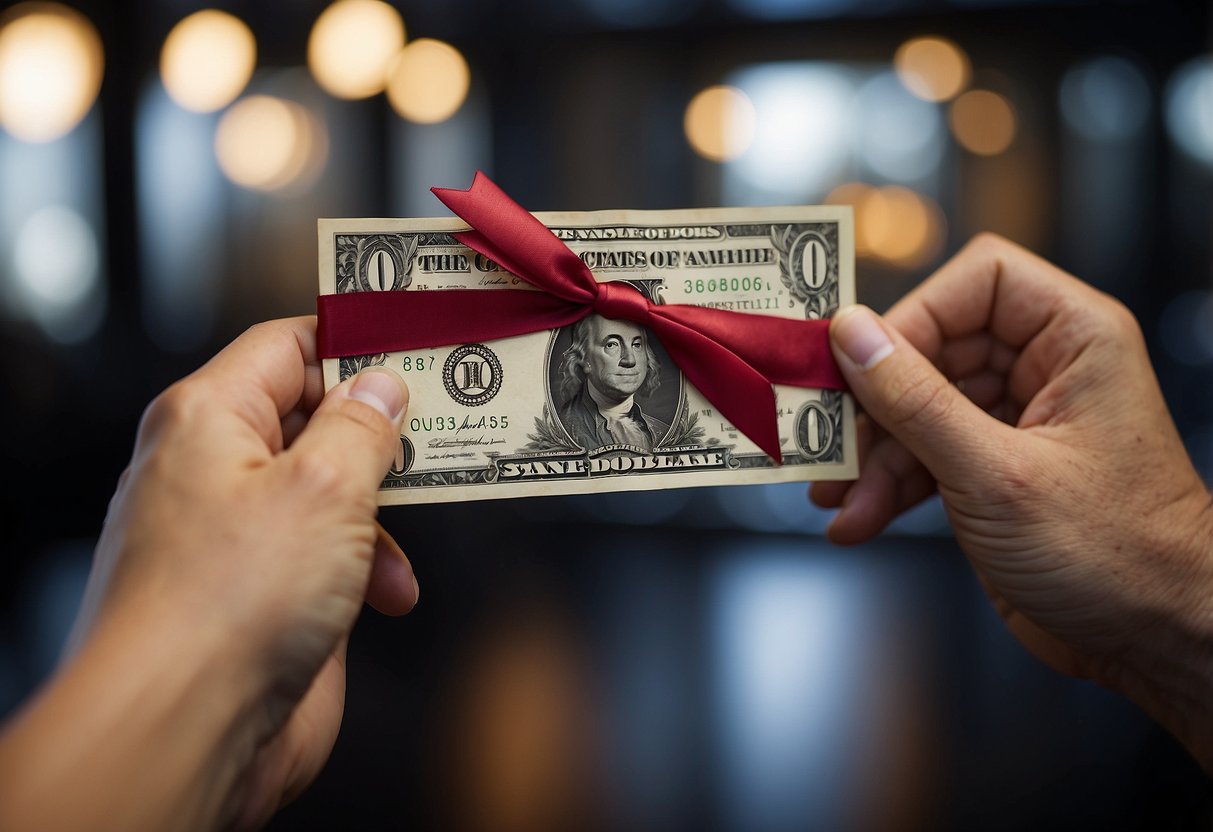 A hand holding out cash with a ribbon tied around it. A gift tag with a message is attached