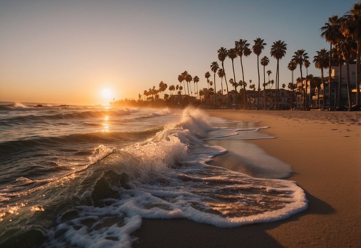 Sunset over Venice Beach, with palm trees, golden sand, and crashing waves