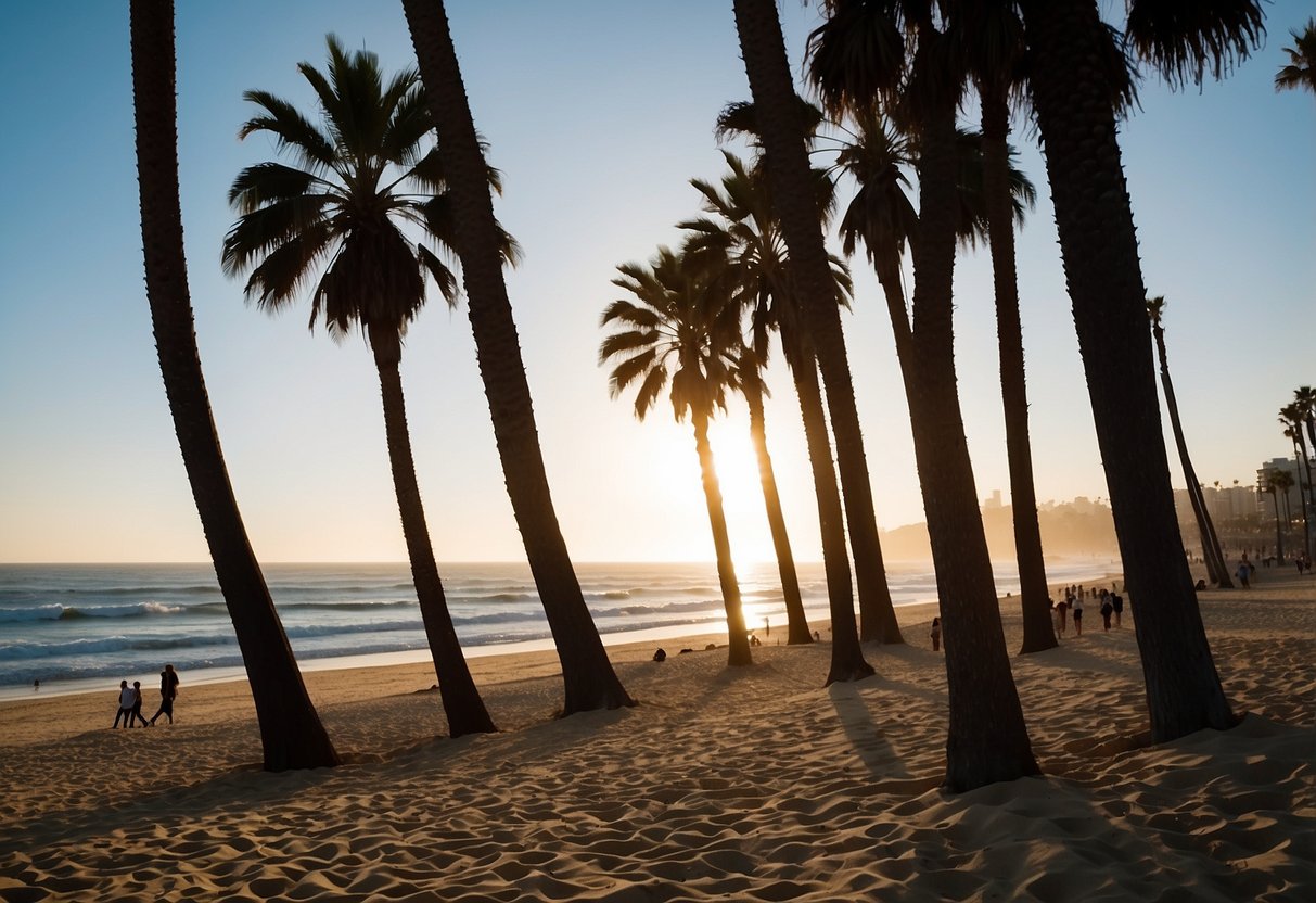 Santa Monica Beach, California, with palm trees, sandy shore, and ocean waves