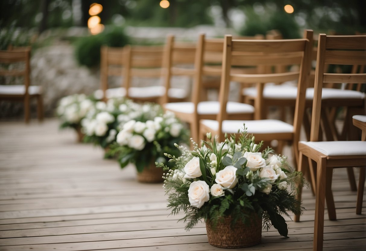 A serene outdoor setting with soft, neutral-colored decor and natural elements like wood and greenery. A simple, elegant ceremony space with minimalist details